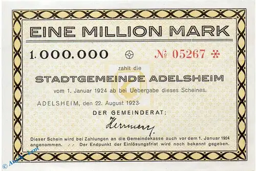 Banknote Adelsheim , 1 Million Mark in in kfr. Keller 12 , 22.08.1923 , Baden Großnotgeld Inflation