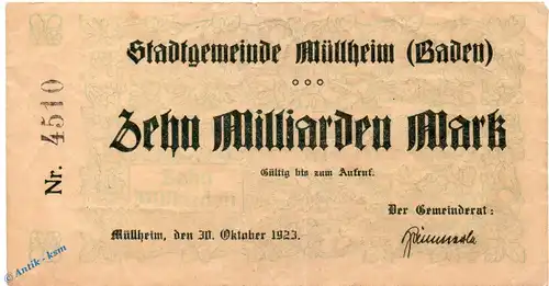 Banknote Mühlheim , 10 Milliarden Mark in gbr. Müller 3642.b , 30.10.1923 , Baden Großnotgeld Inflation