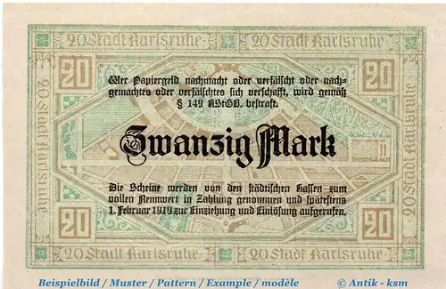 Banknote Karlsruhe , 20 Mark Schein in kfr. E , Geiger 263.03.b , 16.10.1918 , Baden Großnotgeld
