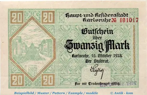 Banknote Karlsruhe , 20 Mark Schein in kfr. E , Geiger 263.03.b , 16.10.1918 , Baden Großnotgeld