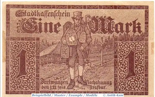 Banknote Furtwangen , 1 Mark Schein in kfr. Geiger 167.04.a , 01.12.1918 , Baden Großnotgeld