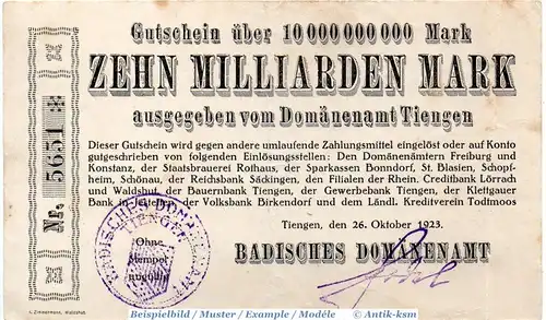 Banknote Tiengen , Domänenamt , 10 Milliarden Mark Schein in gbr. Keller 5171.c , 26.10.1923 , Baden Großnotgeld Inflation