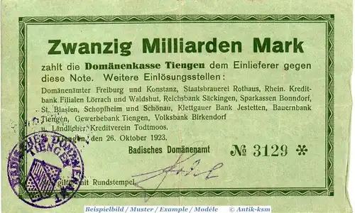 Banknote Tiengen , Domänenamt , 20 Milliarden Mark Schein in gbr. Keller 5171.c , 26.10.1923 , Baden Großnotgeld Inflation