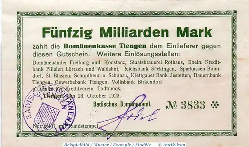 Banknote Tiengen , Domänenamt , 50 Milliarden Mark Schein in gbr. Keller 5171.c , 26.10.1923 , Baden Großnotgeld Inflation