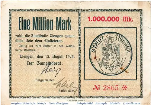 Banknote Tiengen , 1 Million Mark Schein in gbr. Keller 5170.b , 15.08.1923 , Baden Großnotgeld