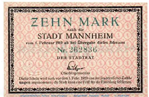 Banknote Stadt Mannheim , 10 Mark nicht entwertet in kfr. Geiger 343.02.a , o.D. Baden Großnotgeld