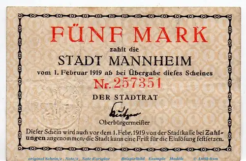 Banknote Stadt Mannheim , 5 Mark nicht entwertet in gbr. Geiger 343.01.a , o.D. Baden Großnotgeld