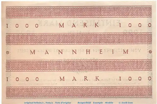 Banknote Stadt Mannheim , 1.000 Mark Schein in kfr. Müller 2825.2.b , o. D. Baden Württemberg Großnotgeld