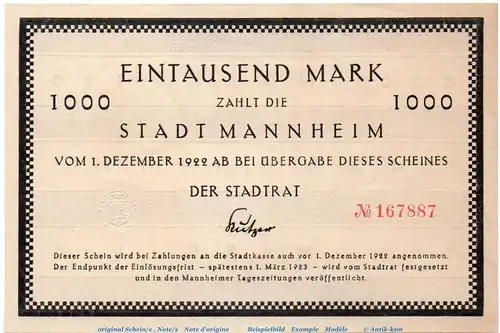 Banknote Stadt Mannheim , 1.000 Mark Schein in kfr. Müller 2825.2.b , o. D. Baden Württemberg Großnotgeld