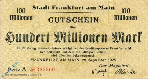 Frankfurt M. Notgeld 100 Millionen Mark -oliv- in kfr. Keller 1522.k-r , Hessen 1923 Grossnotgeld Inflation