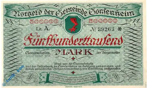 Notgeld Gonsenheim , 500.000 Mark Schein , ohne Unterschrift , Keller 1850 , 17.08.1923 , Hessen Großnotgeld