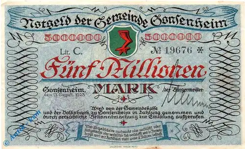 Notgeld Gonsenheim , 5 Millionen Mark Schein , Keller 1850 , 17.08.1923 , Hessen Großnotgeld