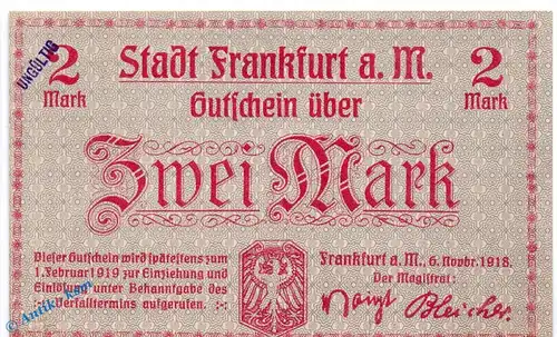 Notgeld Frankfurt a. M. 2 Mark Schein in kfr. E , Geiger 150.08 , 06.11.1918 , Hessen Großnotgeld