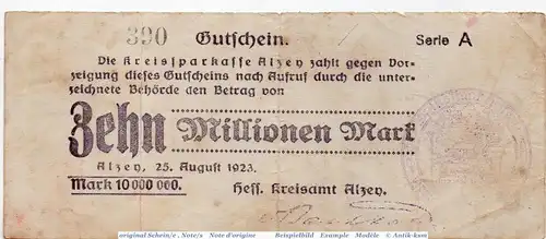 Banknote Alzey , 10 Million Mark Schein in gbr. Keller nicht geführt , 25.08.1923 , Hessen Großnotgeld