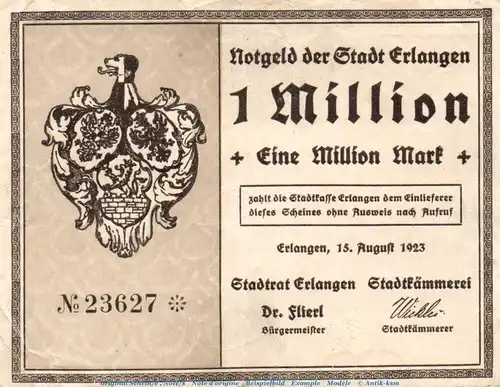 Banknote Stadt Erlangen , 1 Million Mark Schein in gbr. Keller 1397.d , von 1923 , Bayern Inflation