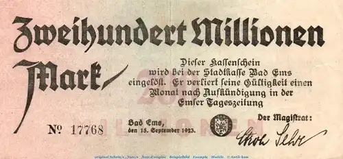 Banknote Stadt Bad Ems , 200 Millionen Mark Schein in gbr. Keller 1353.f , von 1923 , Hessen Inflation
