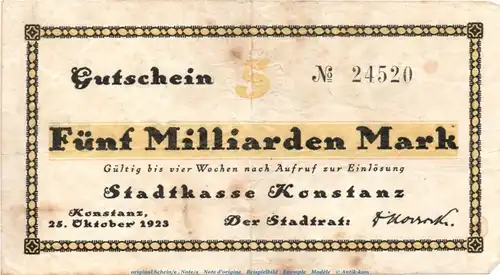 Banknote Stadtkasse Konstanz , 5 Milliarden Mark Schein in gbr. Keller 2796.l-o , von 1923 , Baden Inflation