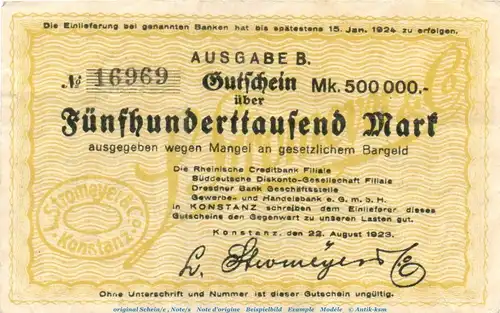 Banknote L.Stromeyer Konstanz , 500.000 Mark Schein in gbr. Keller 2800.c-d , von 1923 , Baden Inflation