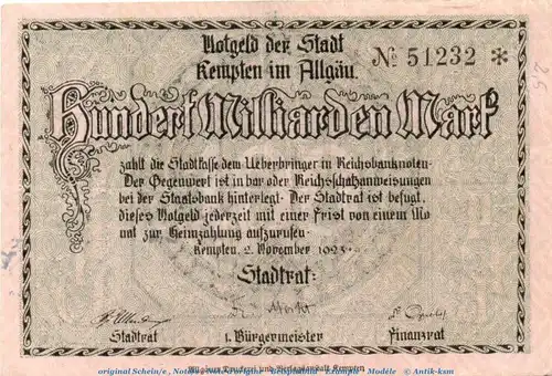 Banknote Stadt Kempten , 100 Milliarden Mark Schein in gbr. Keller 2608.d , von 1923 , Bayern Inflation