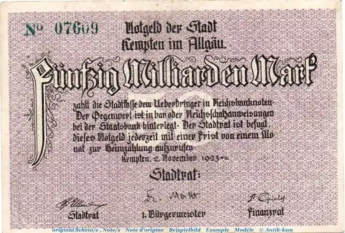 Banknote Stadt Kempten , 50 Milliarden Mark Schein in gbr. Keller 2608.d , von 1923 , Bayern Inflation