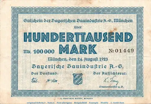 Banknote Bauindustrie Ag München , 100.000 Mark Schein in gbr. Keller 3654.a von 1923 , Bayern Inflation