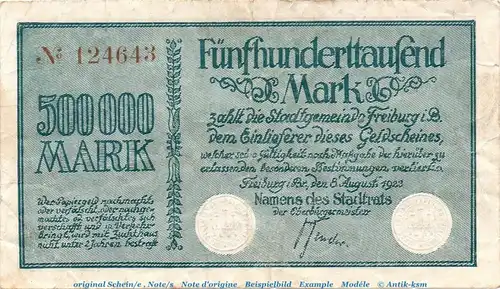 Banknote Stadt Freiburg i.B , 500.000 Mark Schein in gbr. Keller 1589.a von 1923 , Baden Inflation