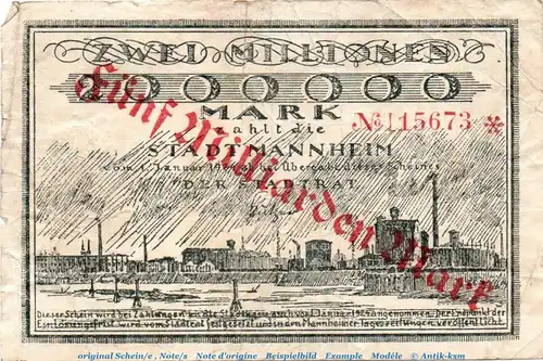 Banknote Stadt Mannheim , Überdruck 5 Milliarden Mark in gbr. Keller 3427.c von 1923 , Baden Inflation