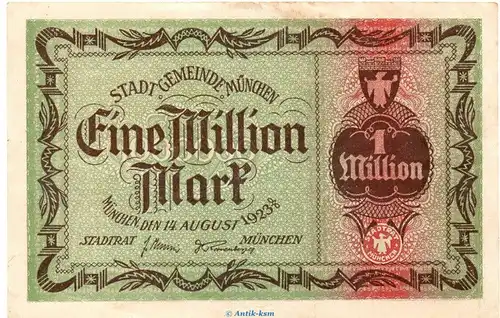 Banknote Stadtgemeinde München , 1 Million Mark Schein in L-gbr. Keller 3650.a von 1923 , Bayern Inflation