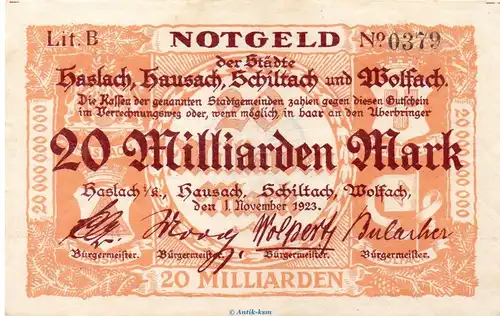 Banknote Städte Haslach..... 20 Milliarden Mark Schein in kfr. Keller 2244.c von 1923 , Baden Großnotgeld - Inflation