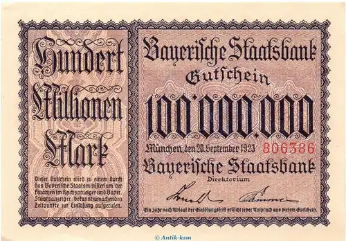 Banknote Bay. Staatsbank München , 100 Millionen Mark Schein in kfr. Keller 3657.e , Bayern Großnotgeld - Inflation