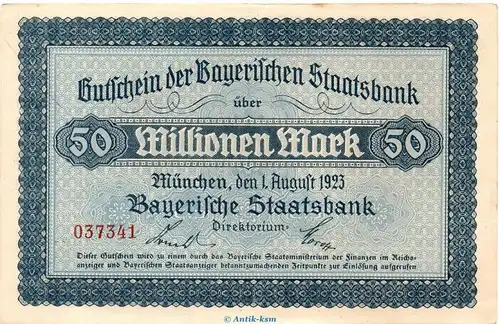 Banknote Bay. Staatsbank München , 50 Millionen Mark Schein in kfr. Keller 3657.c von 1923 , Bayern Großnotgeld - Inflation