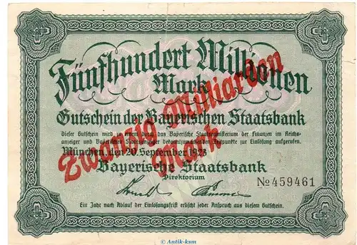 Banknote Bay. Staatsbank München , 20 Milliarden Überdruck Schein in L-gbr. Keller 3657.h von 1923 , Bayern Großnotgeld - Inflation