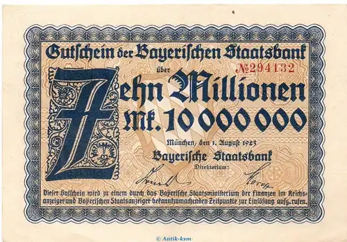 Banknote Bay. Staatsbank München , 10 Millionen Mark Schein in kfr. Keller 3657.d von 1923 , Bayern Großnotgeld - Inflation
