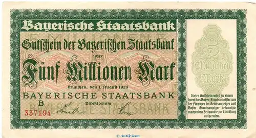 Banknote Bay. Staatsbank München , 5 Millionen Mark in f-kfr. Keller 3657.c-d von 1923 , Bayern Großnotgeld - Inflation
