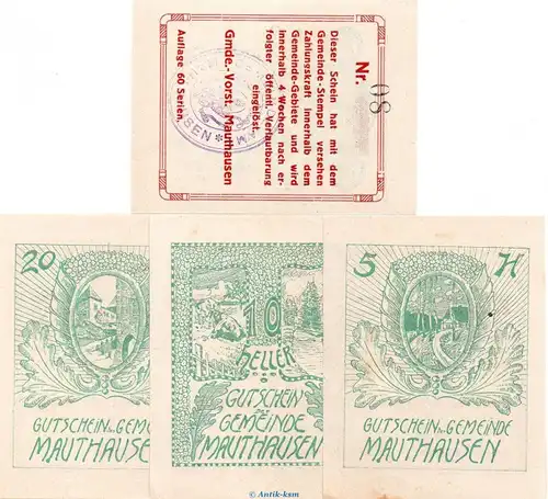 Notgeld der Marktgemeinde Mauthausen S.601.V.f grün , Set mit 4 Scheinen in kfr. o.D. Notgeld Oberösterreich