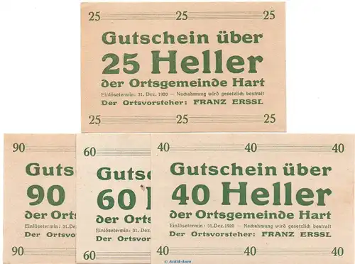 Notgeld Ortsgemeinde Hart S.351.I.b grün , Set mit 4 Scheinen in kfr. o.D. Notgeld Oberösterreich