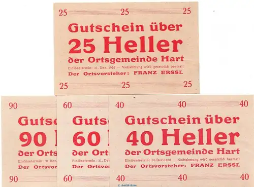 Notgeld Ortsgemeinde Hart S.351.I.c rot , Set mit 4 Scheinen in kfr. o.D. Notgeld Oberösterreich