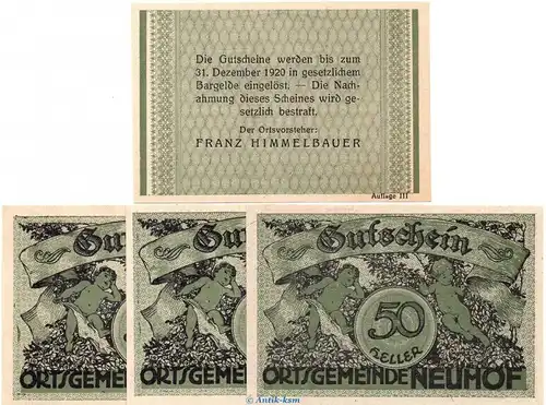 Notgeld der Gemeinde-Ort Neuhof S.647.II.c Aufl. III , Set mit 4 Scheinen in kfr. o.D. Notgeld Oberösterreich