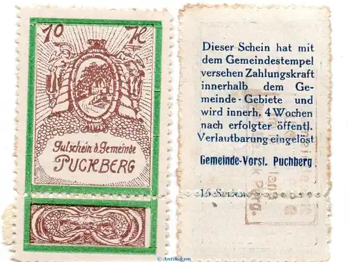 Notgeld der Gemeinde Puchberg S.787.IV.g -16 Serien- braun , 10 Heller Schein kfr. o.D. Notgeld Oberösterreich