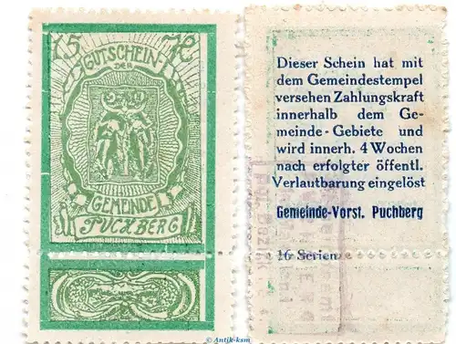 Notgeld der Gemeinde Puchberg S.787.IV.h -16 Serien- hellgrün , 15 Heller Schein kfr. o.D. Notgeld Oberösterreich