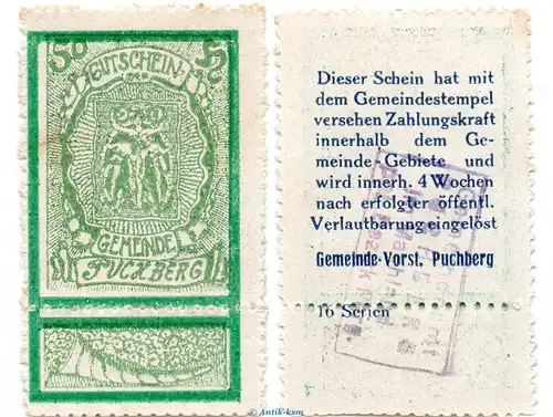Notgeld der Gemeinde Puchberg S.787.IV.h -16 Serien- hellgrün , 50 Heller Schein kfr. o.D. Notgeld Oberösterreich