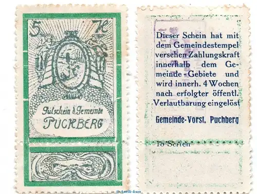 Notgeld der Gemeinde Puchberg S.787.IV.i -16 Serien- grün , 5 Heller Schein kfr. o.D. Notgeld Oberösterreich