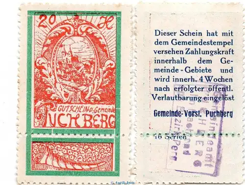 Notgeld der Gemeinde Puchberg S.787.IV.j -16 Serien- orange , 20 Heller Schein kfr. o.D. Notgeld Oberösterreich