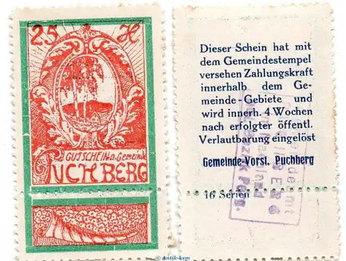 Notgeld der Gemeinde Puchberg S.787.IV.j -16 Serien- orange , 25 Heller Schein kfr. o.D. Notgeld Oberösterreich