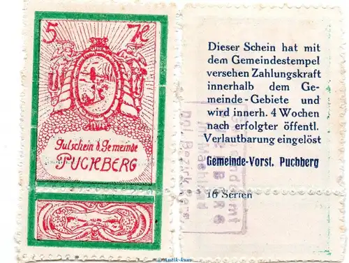 Notgeld der Gemeinde Puchberg S.787.IV.k -16 Serien- rotlila , 5 Heller Schein kfr. o.D. Notgeld Oberösterreich