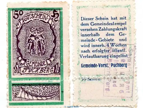 Notgeld der Gemeinde Puchberg S.787.IV.L -16 Serien- braunviolett , 50 Heller Schein kfr. o.D. Notgeld Oberösterreich