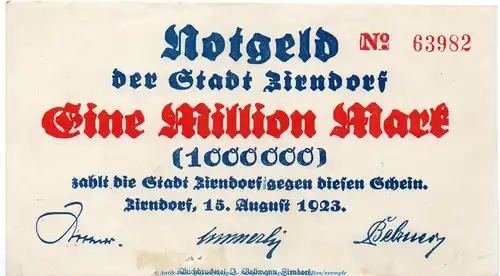 Notgeld Stadt Zirndorf , 1 Million Mark in kfr. Keller 5798.d von 1923 , Bayern Inflation