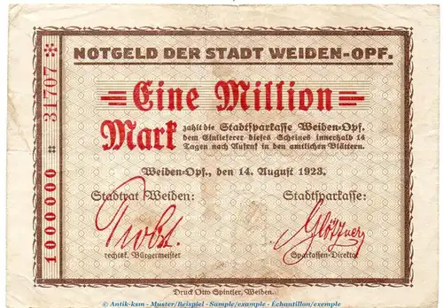 Notgeld Stadt Weiden Opf. 1 Million Mark in gbr. Keller 5491.d von 1923 , Bayern Inflation