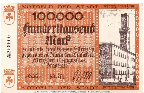 Notgeld Stadt Fürth , 100.000 Mark in kfr. Keller 1654.c von 1923 , Bayern Inflation