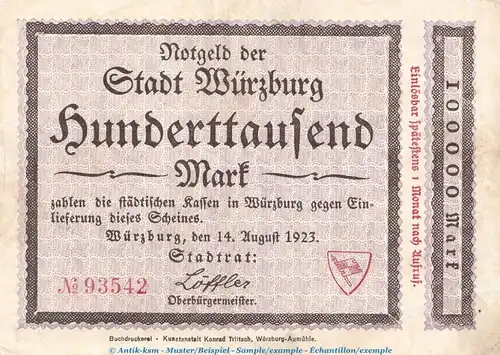 Notgeld Stadt Würzburg , 100.000 Mark Schein in gbr. Keller 5730.a von 1923 , Bayern Großnotgeld